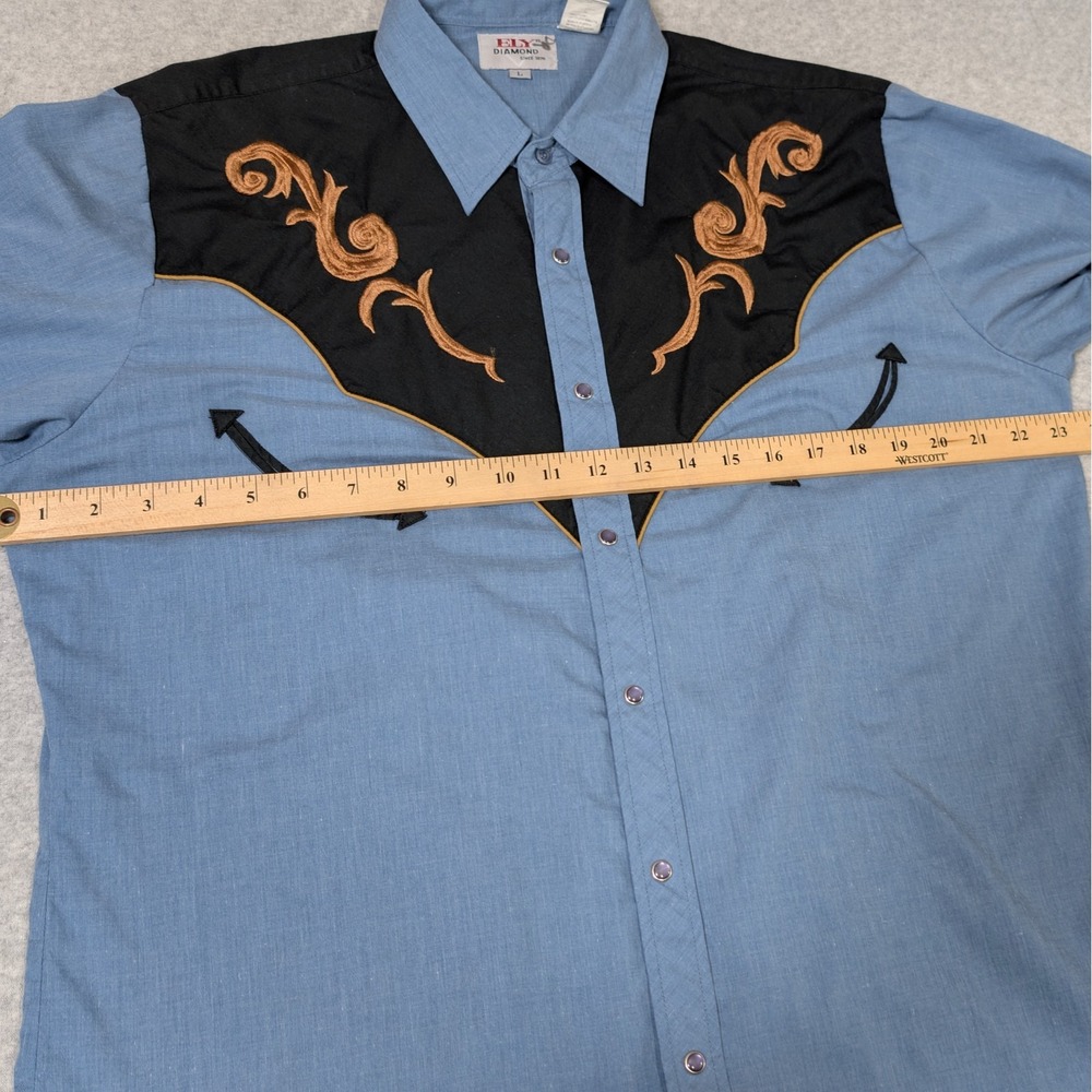 Vintage ELY Diamond Western Pearl Snap Up Shirt Men's Large Embroidered Yoke - Picture 6 of 8
